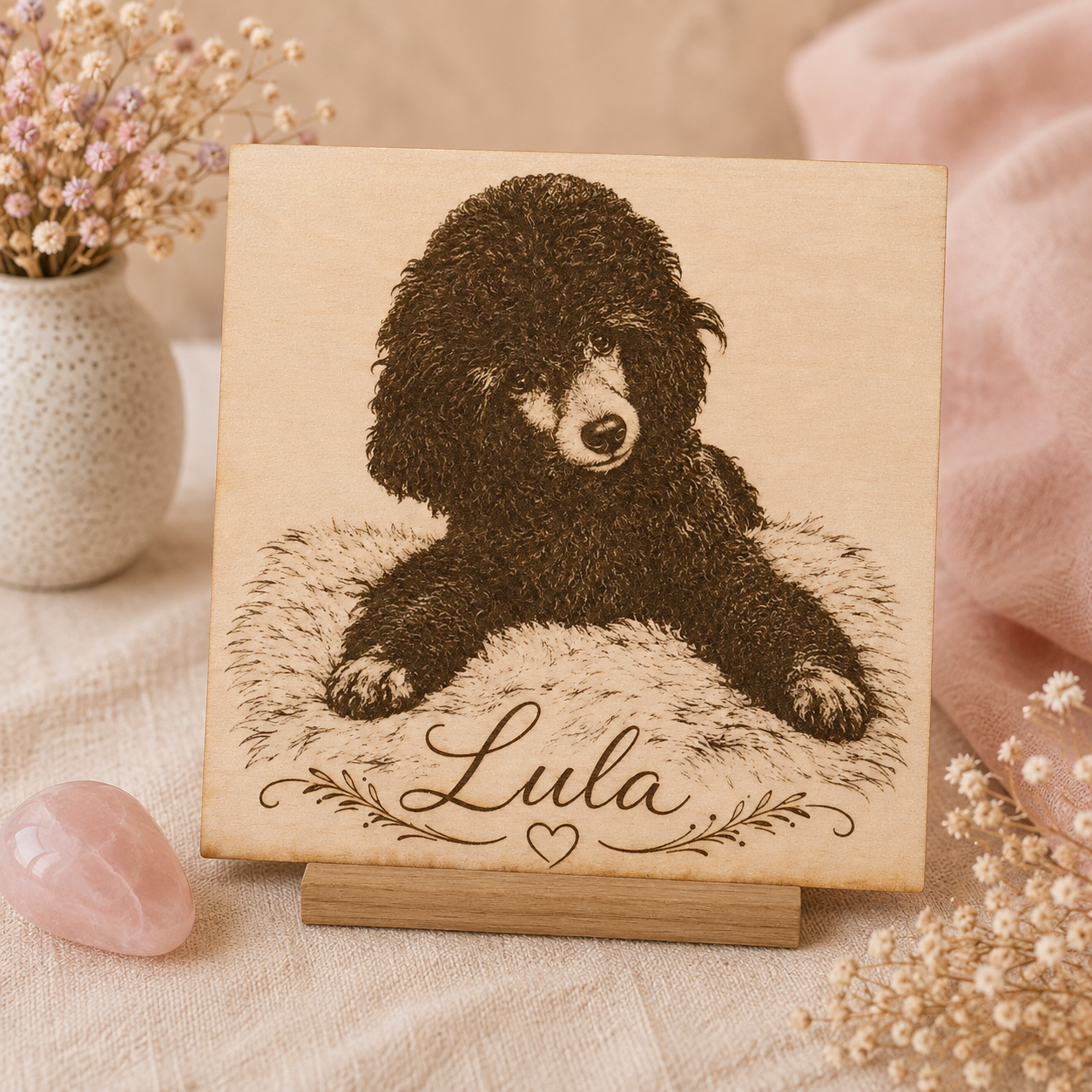 Retrato personalizado de tu mascota en madera · 20 × 20 cm 🐾🤍