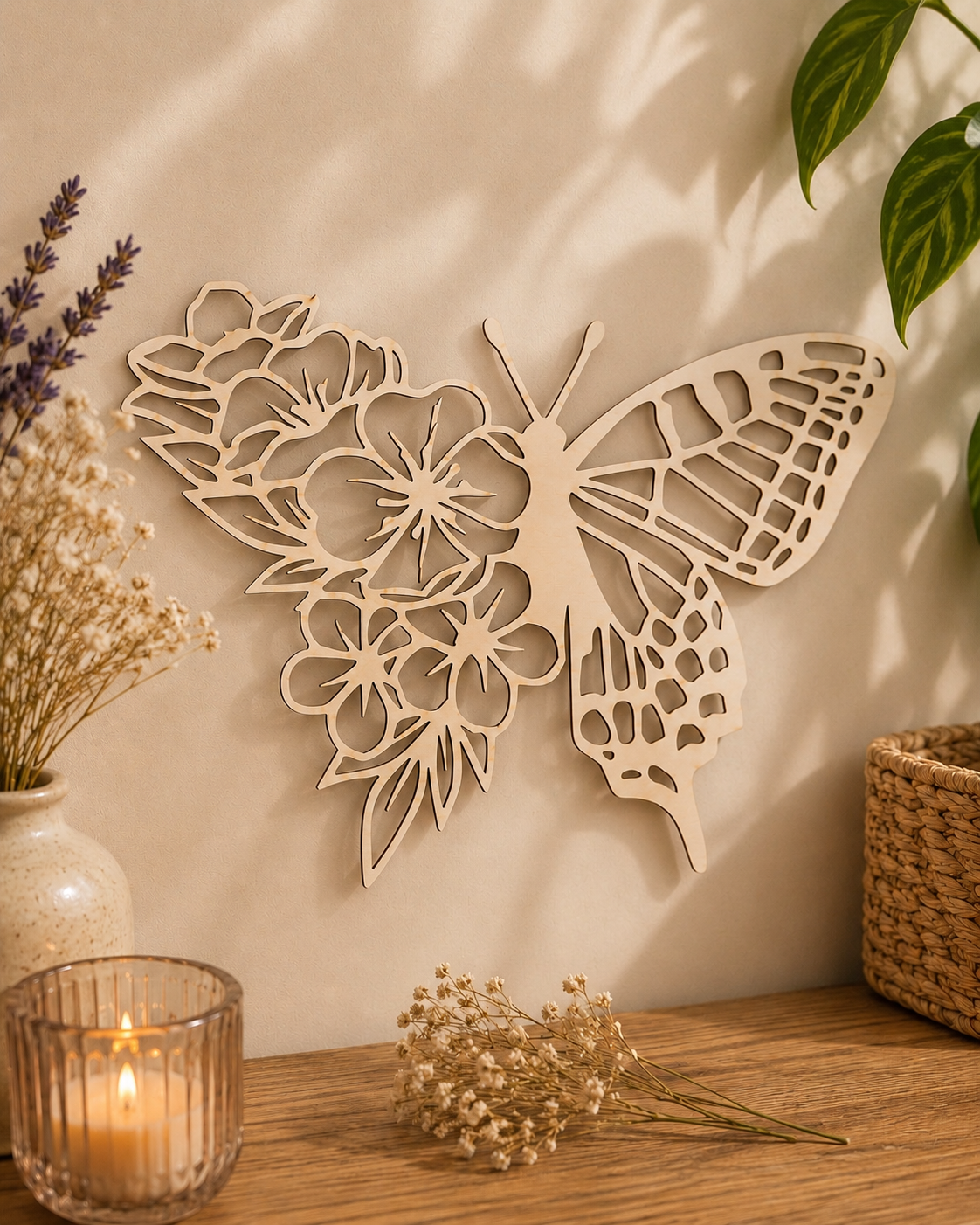 Mariposa Floral calada en madera · 41 × 30 cm 🦋🤍